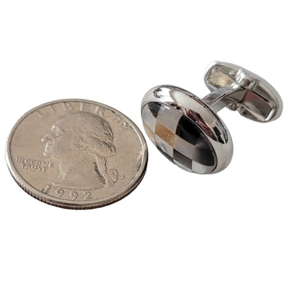 Egara Checker Shell Inlay Silver Tone Cufflinks, Signed E226 - Picture 7 of 9